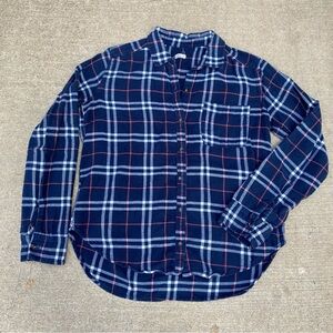 Hollister Dark Blue Button Up Plaid Flannel Shirt with Pink and White M